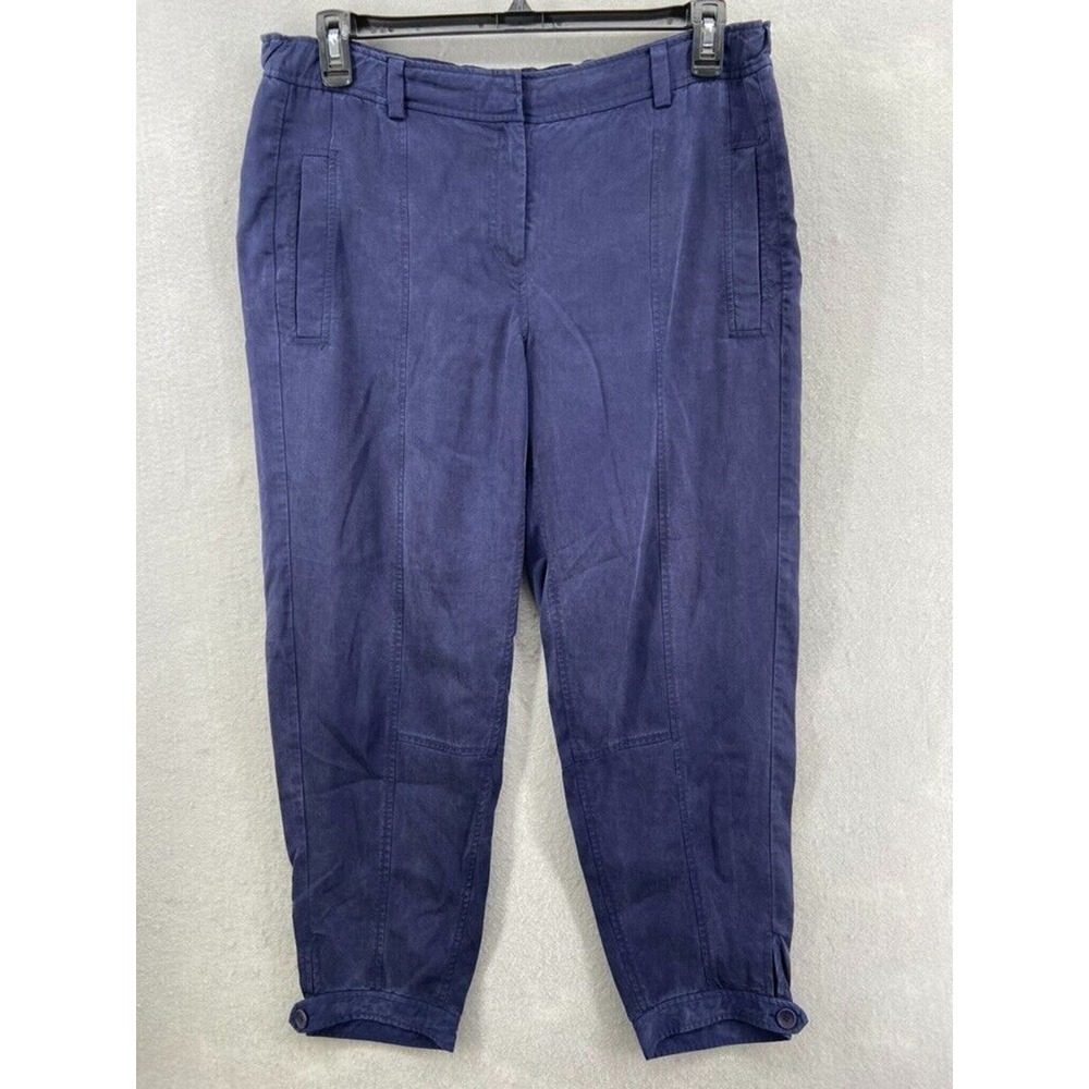 Eileen Fisher Pants Womens Size M Solid Blue Tapered Flat Front Button Cuff Crop